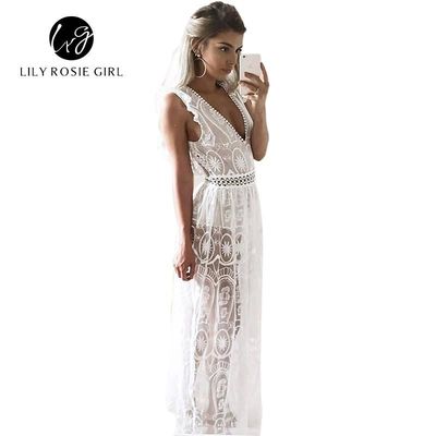 Sexy Hollow Out White Lace Dress Women Spring High Waist Sleeveless Backless Dress Elegant Christmas Maxi Long Dress Vestidos $54.00