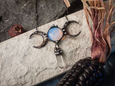 Stained Glass Pendant Moon Stone (opalit) , double crescent moon $31.00