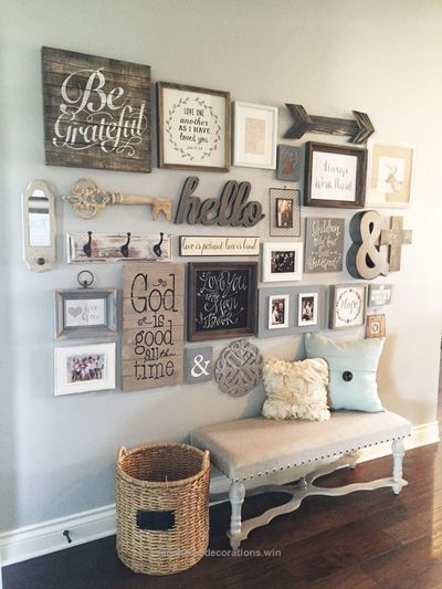 Living Room decor â€" rustic farmhouse style. Wall decor reclaimed wood gallery wall. 23 Rustic Farmhouse Decor Concepts | The Crafting Nook by Titicrafty