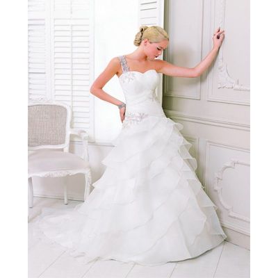 Simple A-line One Shoulder Beading Lace Sweep/Brush Train Organza Wedding Dresses - Dressesular.com