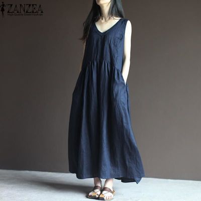 2018 Summer ZANZEA Women Elegant V-Neck Sleeveless Work Office Maxi Vest Tank Dress Boho Beach Cotton Linen Pockets Long Vestido $46.59