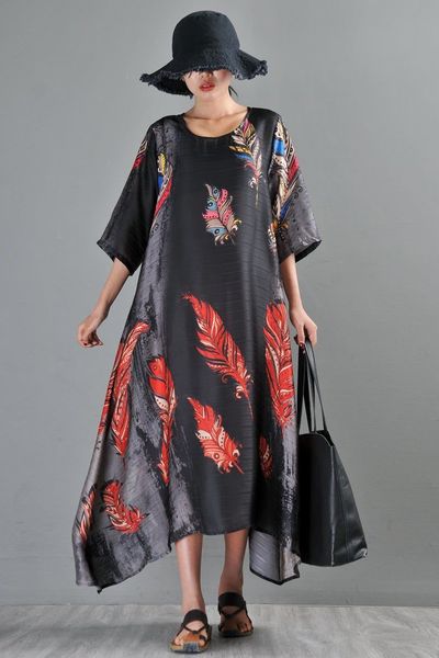 Black silk dress - Chinese print dress - Summer dress - Women’s loose dress - Oversize dress - Loose dress - Plus size clothing