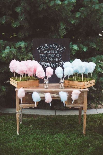 cotton candy, blue cotton and candy sticks.