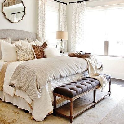 mixed earth tone bedding bright and cheerful. photo credit thistlewoodfarm.com #bedroomdecor #instalove #interiordecor #shabbychic #bedroom