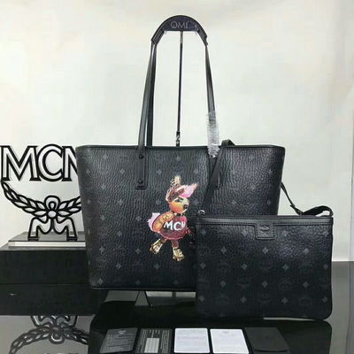 MCM Medium Rabbit Visetos Shoulder Tote In Black