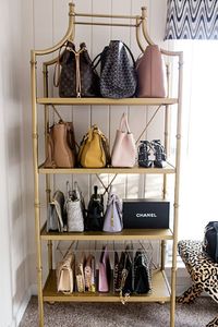 Photography by: Angie Garcia Purse Shelf: Pottery Barn Teen | Purse Organizer: GLAMboxes [c/o] | X-benches: livenUPdesign [c/o] | Rug: Rugs USA | Clothing Rack: