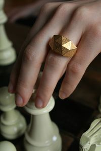 GEO RAW - Yellow gold faceted modern geometric 3D printed ring.
