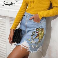 Simplee Embroidery fringe hole denim skirt women Streetwear zipper high waist skirt female Chic casual pocket mini skirts womens $39.39