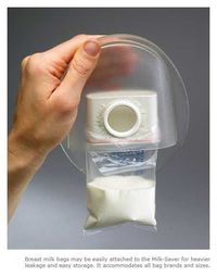 Milk Saver-catches leaking milk during breastfeeding on the opposite side from the side that the baby nurses on. Great idea for storing milk, especially since those breast pumps look more like torture devices!